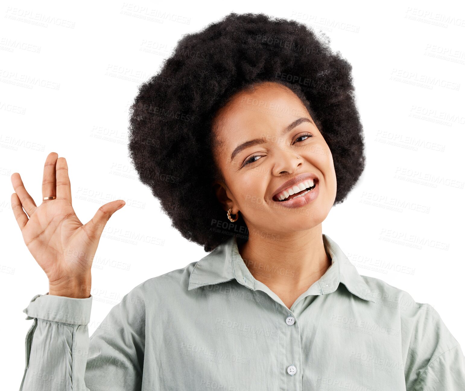 Buy stock photo Happy portrait, woman palm and smile with vulcan hand sci fi and funny emoji sign. Happiness greeting of African female person salute with silly hands gesture isolated on transparent, png background