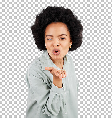 Buy stock photo Face portrait, blowing kiss and woman flirting with romance, desire and kissing gesture for Valentines Day, love and care. Support, flirt and African person isolated on a transparent, png background