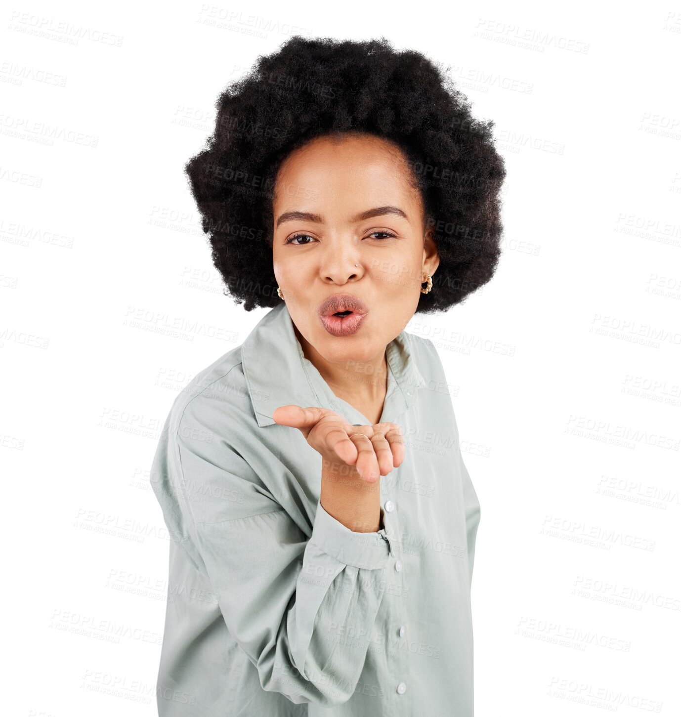 Buy stock photo Face portrait, blowing kiss and woman flirting with romance, desire and kissing gesture for Valentines Day, love and care. Support, flirt and African person isolated on a transparent, png background