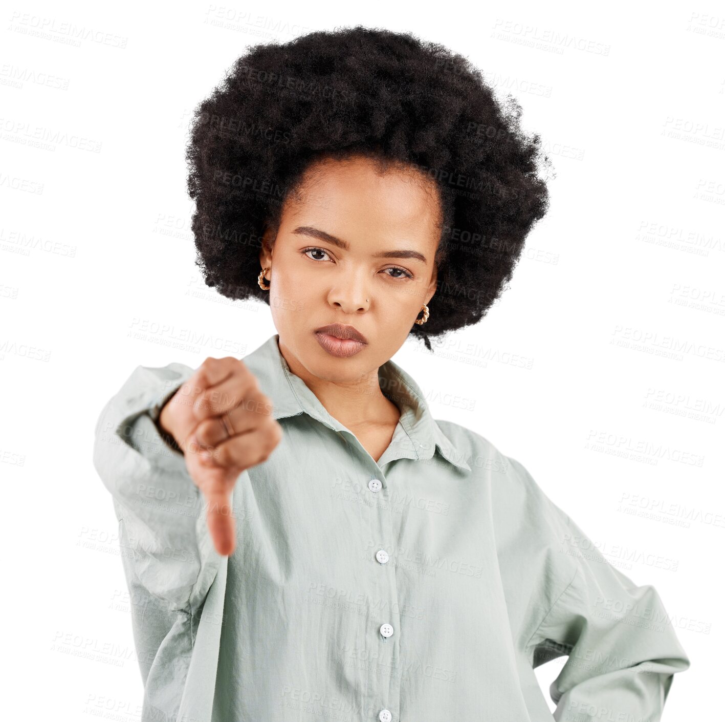 Buy stock photo Portrait, thumbs down and woman serious angry isolated on a transparent, png background Hand gesture, African female person with dislike emoji, negative opinion with rejection and failure vote 