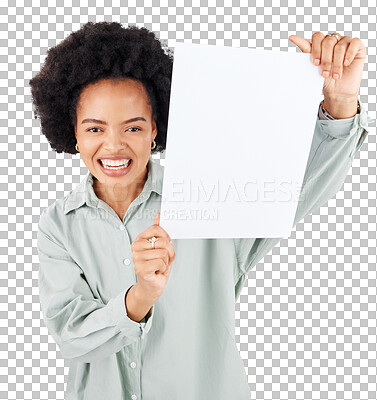 Portrait, poster and mockup with a woman holding blank paper in studio on a gray background for branding. Marketing, smile or product placement with a happy young afro female showing advertising copy