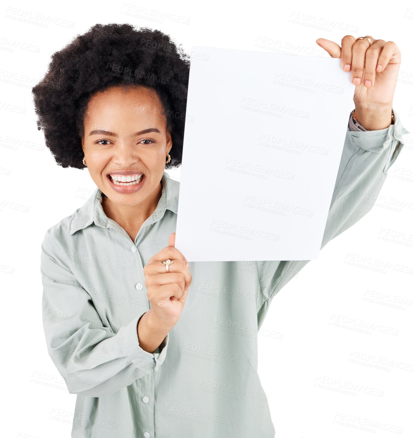 Buy stock photo Paper, mockup and smile with portrait of black woman on transparent background for show, promotion and idea.  Announcement, news and information with person isolated on png for sign and poster