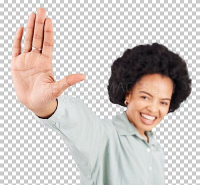 Buy stock photo High five, happy and portrait of hand and woman isolated on a transparent, png background. Motivation, smile and African female person with a gesture for greeting, hello and support of target