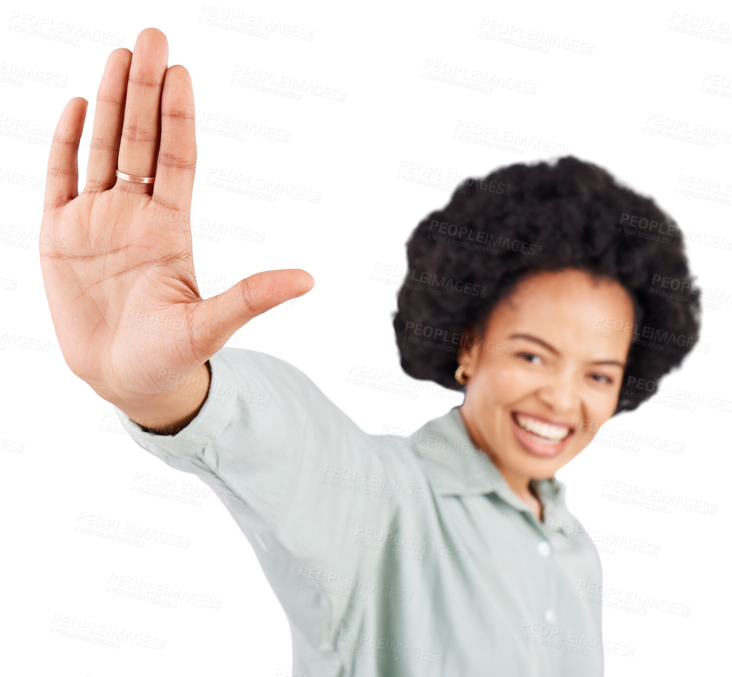 Buy stock photo High five, happy and portrait of hand and woman isolated on a transparent, png background. Motivation, smile and African female person with a gesture for greeting, hello and support of target