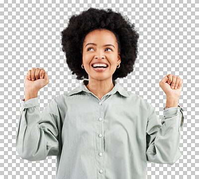 Buy stock photo Excited, cheers and face of black woman with winning, achievement and celebration for good news. Success, happy and female person on isolated, png or transparent background for deal, sale or discount