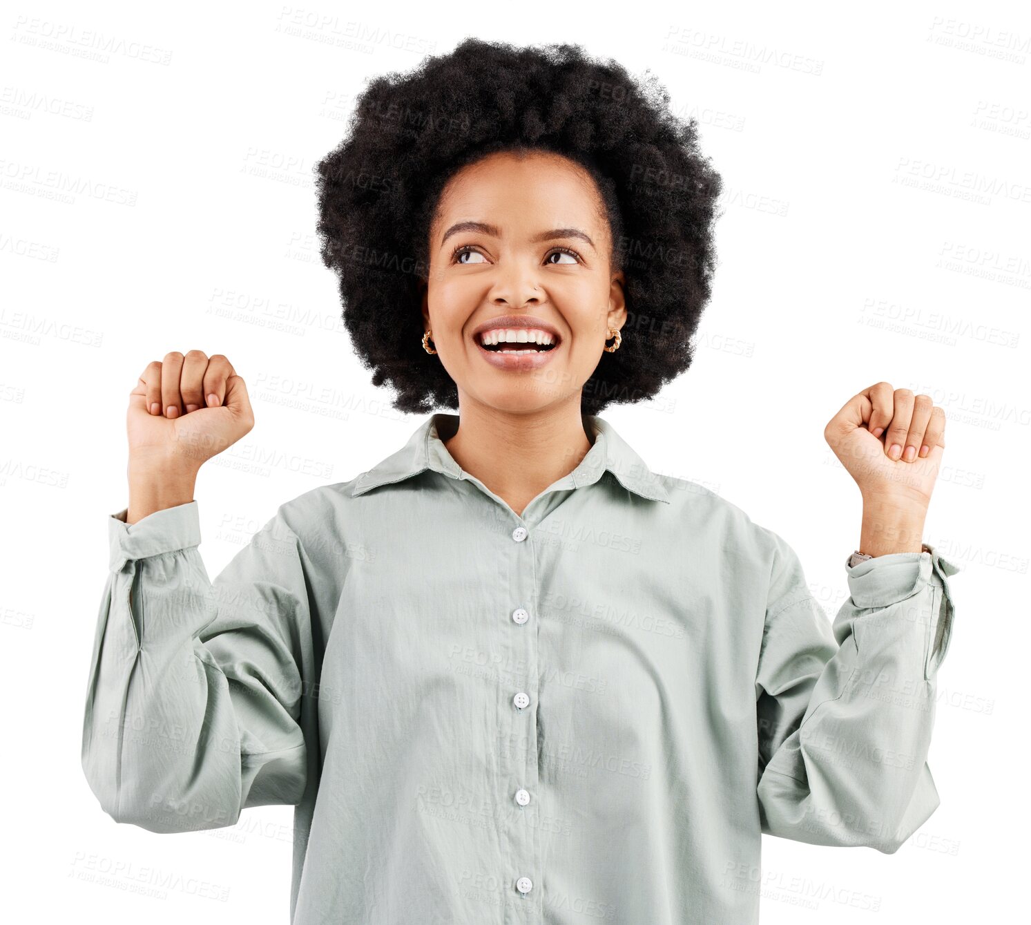 Buy stock photo Excited, cheers and face of black woman with winning, achievement and celebration for good news. Success, happy and female person on isolated, png or transparent background for deal, sale or discount