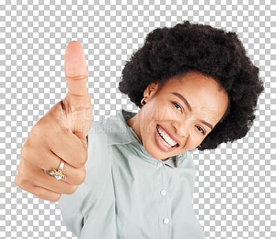 Portrait, thumbs up and black woman top view in studio isolated on a white background. Success, happiness and person with hand gesture or emoji for winning, approval or agreement, like or thank you.