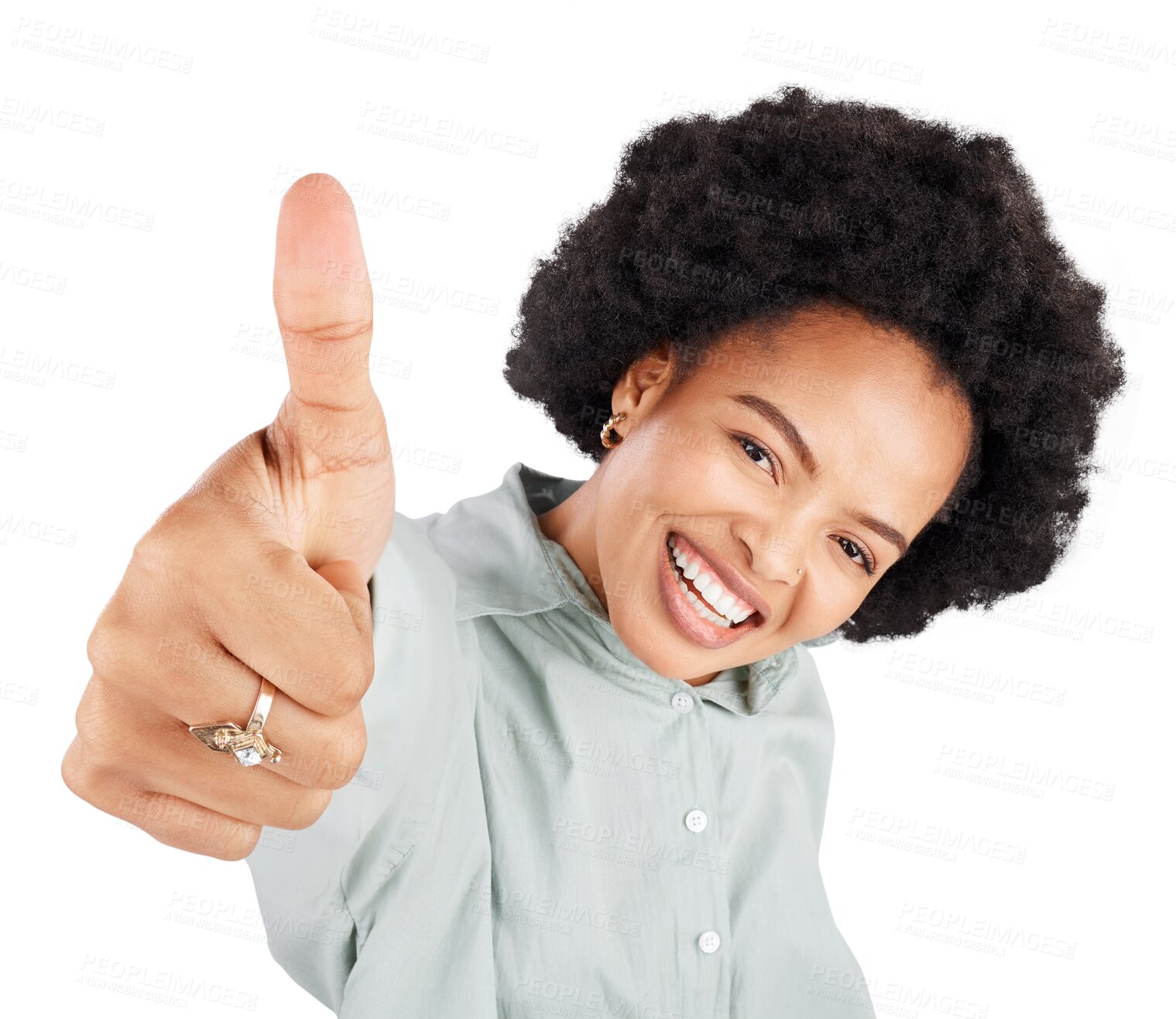 Buy stock photo Smile, face portrait or woman thumbs up, happy and feedback for success, agreement or emoji thank you icon. Support motivation, approval vote or African person isolated on transparent, png background