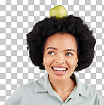 Thinking, apple on head and black woman with smile, health and nutrition against a grey studio background. African American female, fruit and lady with happiness, diet and wellness with body detox