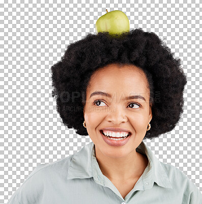 Buy stock photo Face, apple and happy black woman with healthy eating, diet or balance on isolated, transparent or png background. Fruit, detox and African lady nutritionist with organic snack or lose weight plan