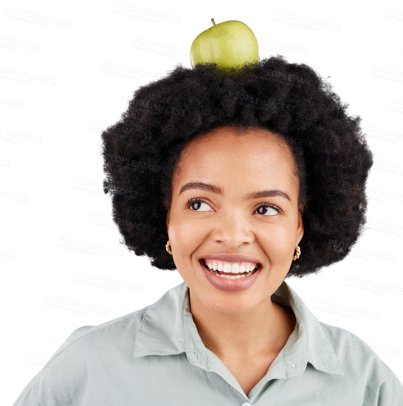 Buy stock photo Face, apple and happy black woman with healthy eating, diet or balance on isolated, transparent or png background. Fruit, detox and African lady nutritionist with organic snack or lose weight plan