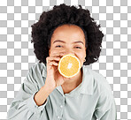 Portrait, orange and black woman with fruit in studio isolated on a white background. Food, top view and happiness of person or female with vitamin c, nutrition or healthy diet, citrus or vegan detox