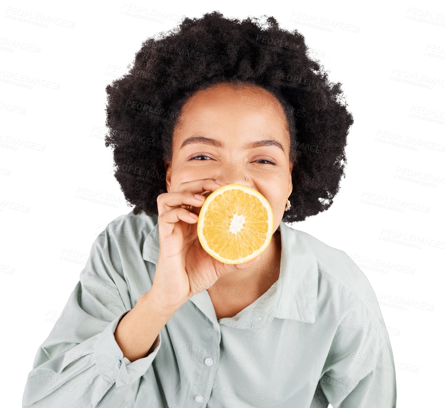 Buy stock photo Portrait, orange and woman with fruit by face isolated on a transparent, png background. Food, top view and fruits of African person with vitamin c, nutrition and healthy diet with citrus and detox