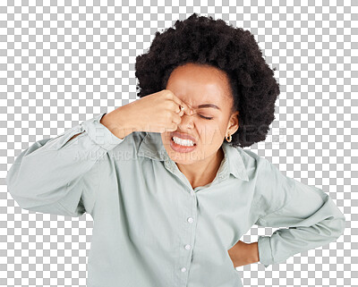 Headache, stress and face of frustrated black woman in studio with upset, angry and pain facial expression. Burnout, mockup and girl on white background with confused gesture, migraine and thinking