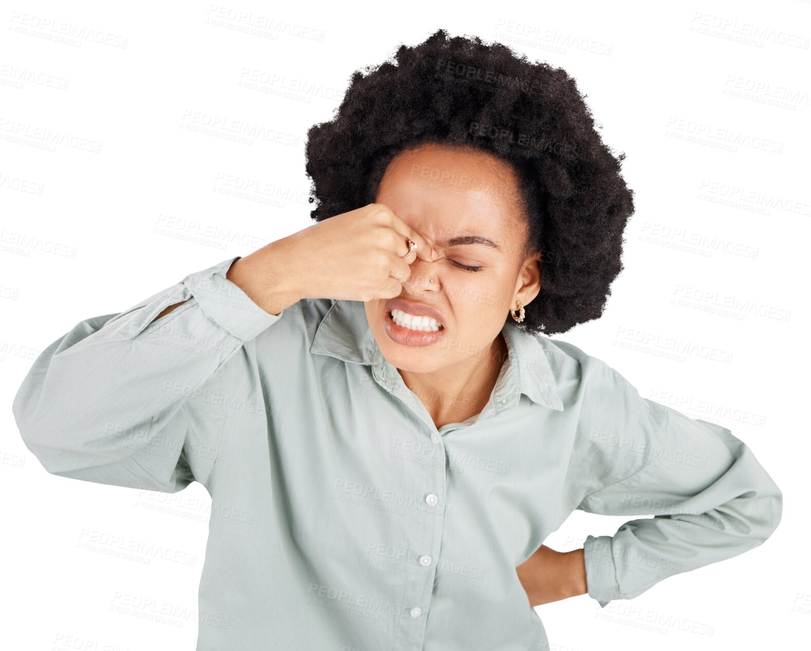 Buy stock photo Stress, headache and black woman with brain fog on isolated, transparent and png background. Hands, migraine and African female person with anxiety, tinnitus or frustrated with vertigo or sinusitis