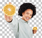 Portrait, orange and black woman smile with fruits in studio isolated on a white background. Food, nutritionist or happiness of person with vitamin c, nutrition or healthy diet, citrus or vegan detox