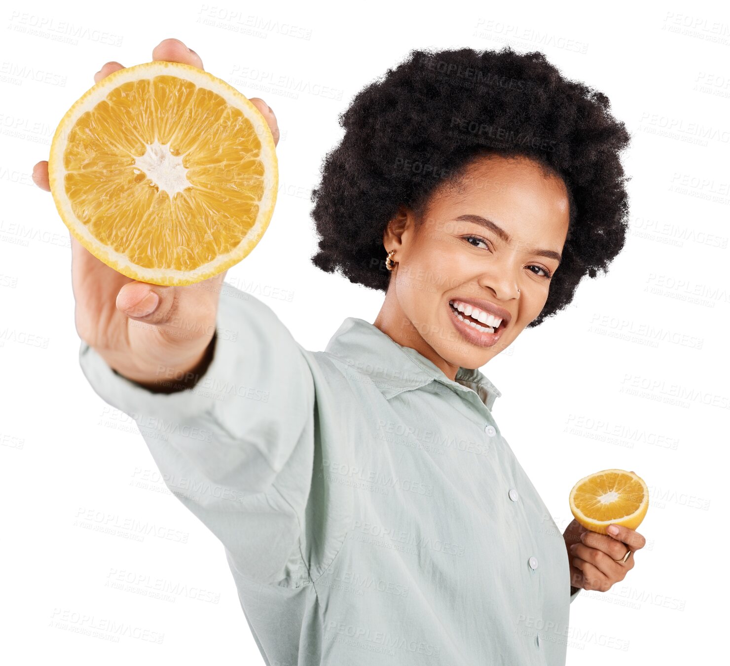 Buy stock photo Portrait, orange and woman with fruit closeup isolated on a transparent, png background. Food, smile and fruits of African person with vitamin c, nutrition and healthy diet with citrus and detox