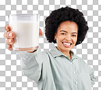 Portrait, happy woman and glass of milk in studio, white background and backdrop for healthy diet. Female model, food and calcium of smoothie, vanilla milkshake and nutrition of weight loss drink 