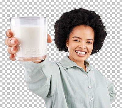 Buy stock photo Portrait, smile or black woman with milk for calcium or weight loss isolated transparent png background. Face, glass or happy girl drinking a smoothie or milkshake for healthy nutrition or hydration 