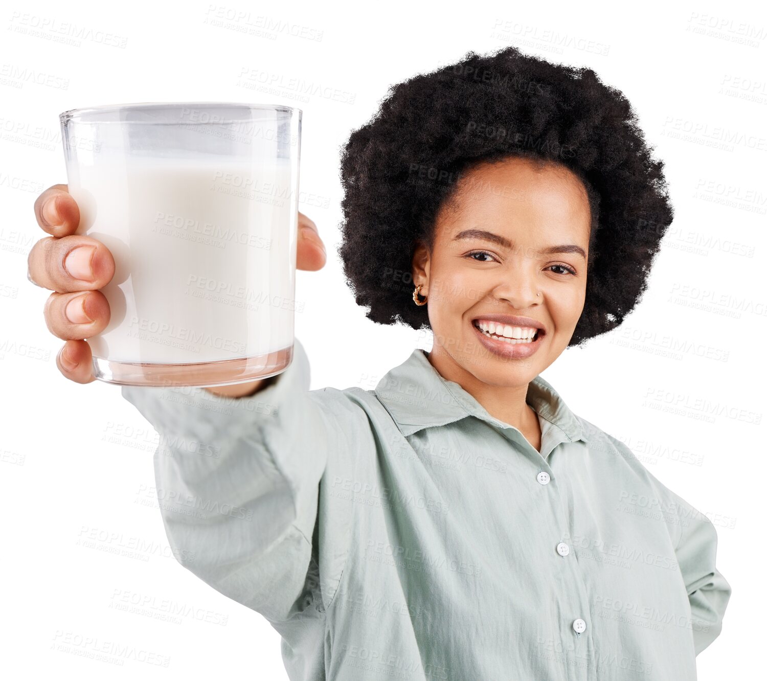 Buy stock photo Portrait, smile or black woman with milk for calcium or weight loss isolated transparent png background. Face, glass or happy girl drinking a smoothie or milkshake for healthy nutrition or hydration 