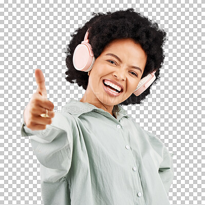 Portrait, thumbs up and black woman with headphones in studio isolated on a white background. Success, funny and person with hand gesture, emoji or winning, agreement or like while streaming music.