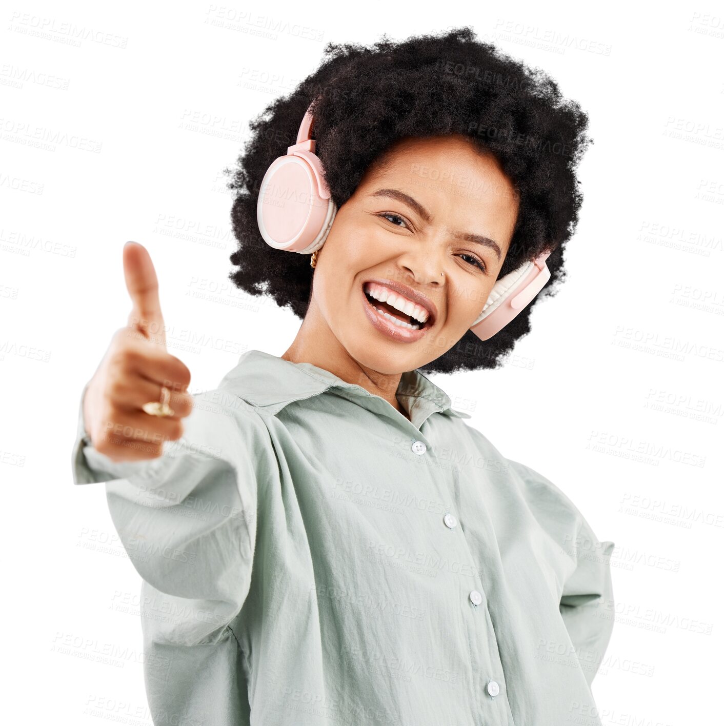 Buy stock photo Music, thumbs up and portrait of black woman with headphones on isolated, transparent and png background. Hand, vote and face of African lady with emoji, feedback or sign for podcast, radio or audio