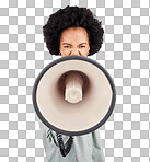 Megaphone, protest and black woman shouting in portrait in studio isolated on a white background. Screaming, angry and person with loudspeaker protesting for change or justice, announcement or speech