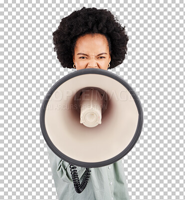 Buy stock photo Speech, megaphone and portrait of black woman with news announcement on isolated, transparent or png background. Bullhorn, noise and African lady speaker with microphone for protest, justice or vote