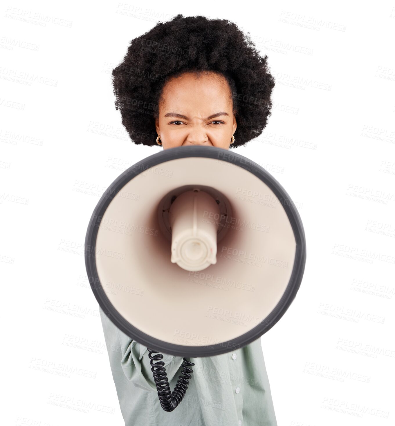 Buy stock photo Speech, megaphone and portrait of black woman with news announcement on isolated, transparent or png background. Bullhorn, noise and African lady speaker with microphone for protest, justice or vote