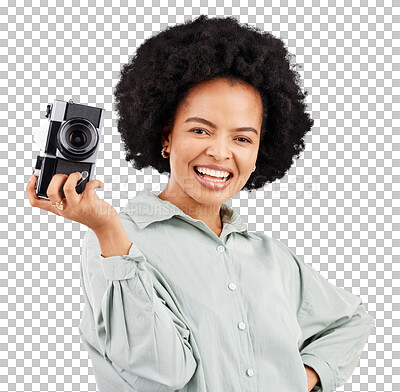 Buy stock photo Portrait, camera photographer and woman smile isolated on a transparent, png background. Photography, professional and happy African female person ready to start filming, photoshoot or taking picture