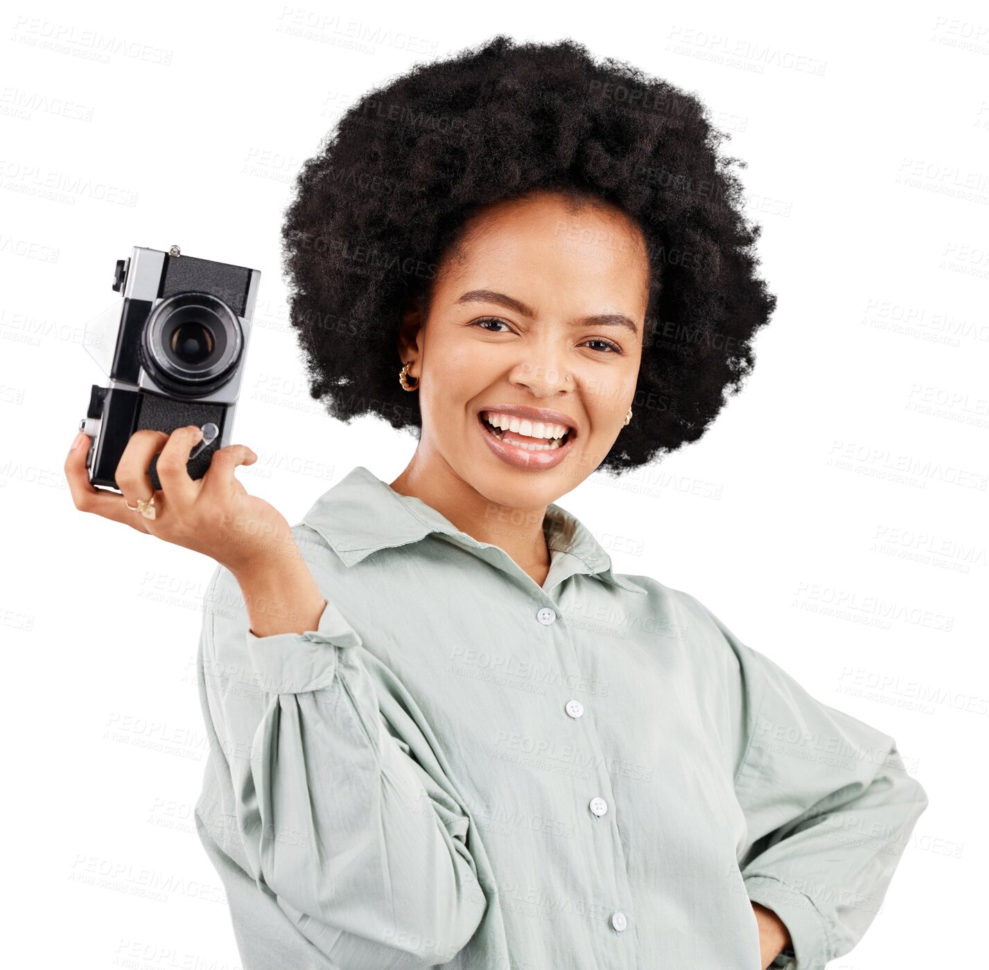 Buy stock photo Portrait, camera photographer and woman smile isolated on a transparent, png background. Photography, professional and happy African female person ready to start filming, photoshoot or taking picture