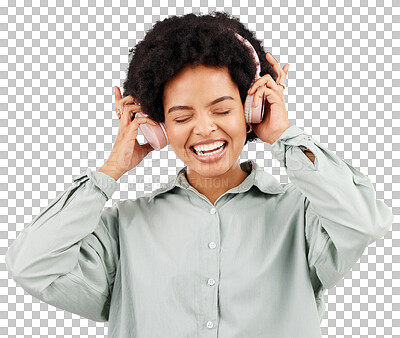 Buy stock photo Headphones, dance and happy black woman with music podcast on isolated, transparent or png background. Earphones, radio and African female dancing to online audio, track or streaming album or song