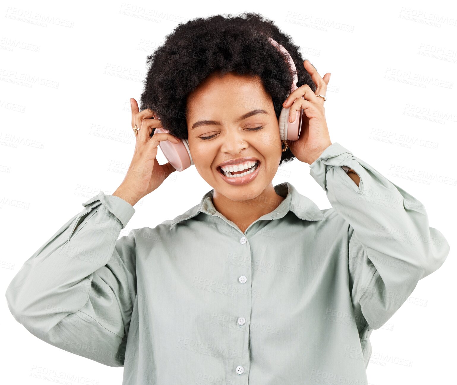 Buy stock photo Headphones, dance and happy black woman with music podcast on isolated, transparent or png background. Earphones, radio and African female dancing to online audio, track or streaming album or song