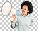 Megaphone, protest and black woman shouting in studio isolated on white background. Screaming, angry and person with loudspeaker protesting for human rights, change or justice, announcement or speech