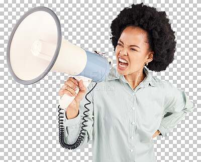 Buy stock photo Megaphone, noise and black woman with news announcement on isolated, transparent or png background. Bullhorn, speech and African female speaker with microphone for protest, change and justice or vote