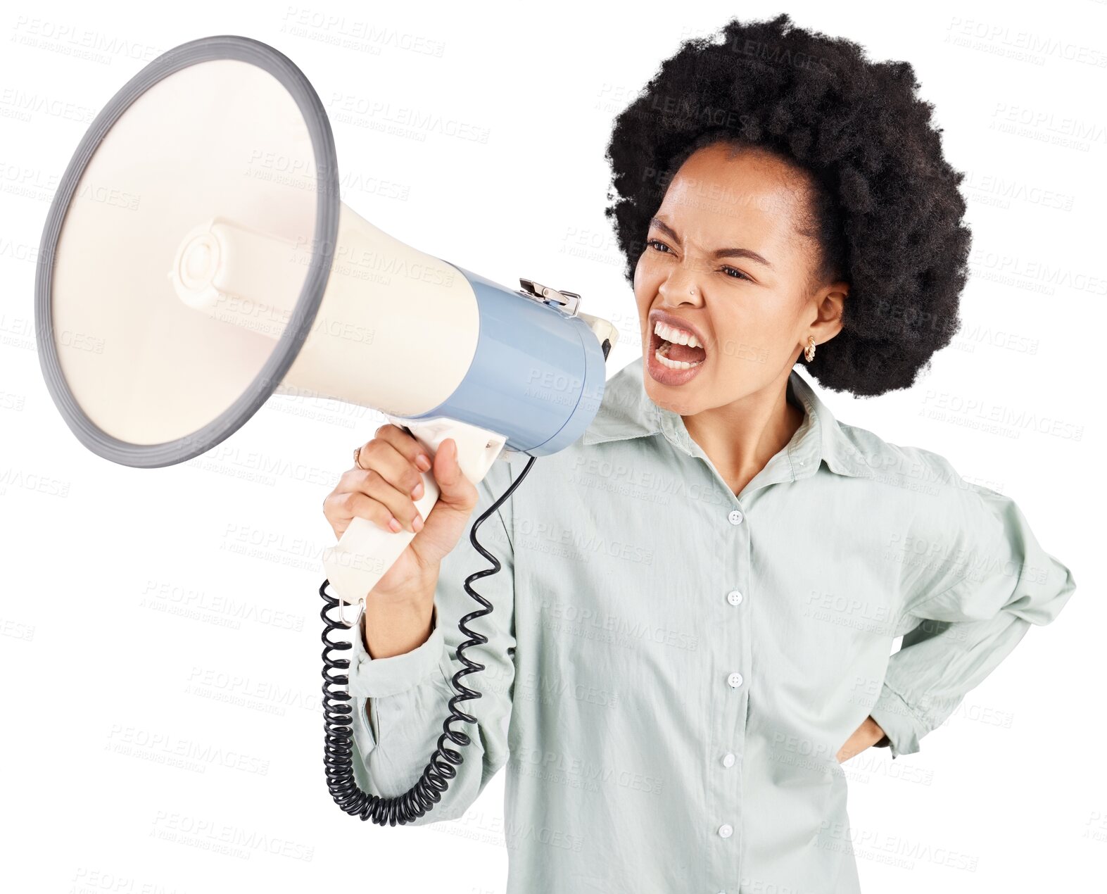 Buy stock photo Megaphone, noise and black woman with news announcement on isolated, transparent or png background. Bullhorn, speech and African female speaker with microphone for protest, change and justice or vote