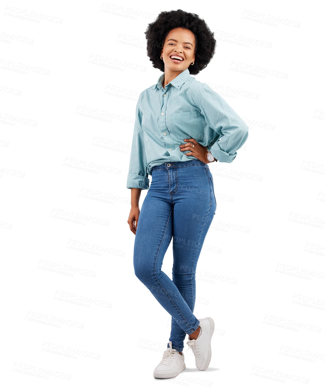 Buy stock photo Fashion, happy and portrait of black woman with smile on png, isolated and transparent background. Trendy style, casual clothes and female person laugh with positive mindset, confidence and happiness