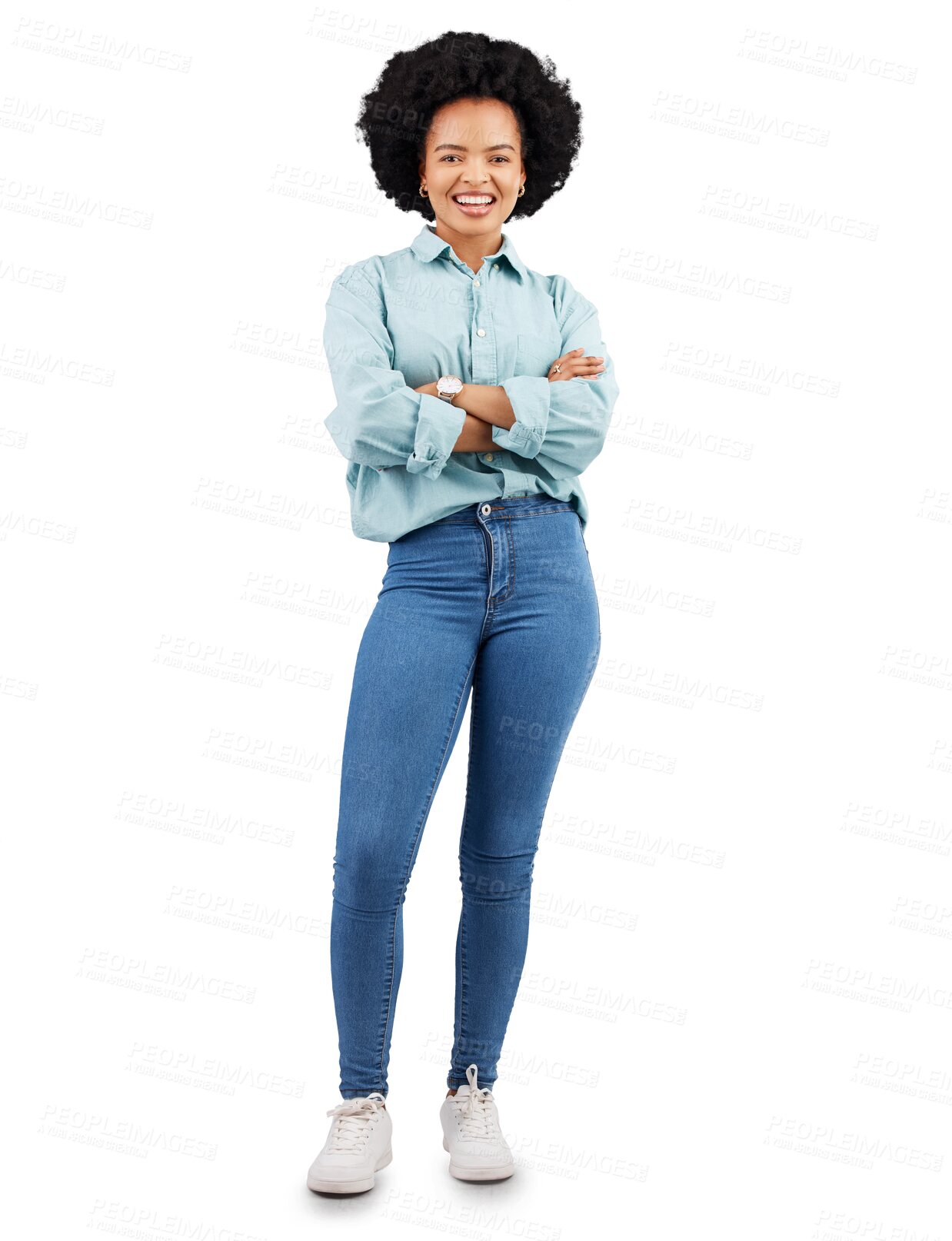 Buy stock photo Fashion, crossed arms and portrait of black woman with smile on png, isolated and transparent background. Trendy style, casual clothes and female person with positive attitude, confident or happiness