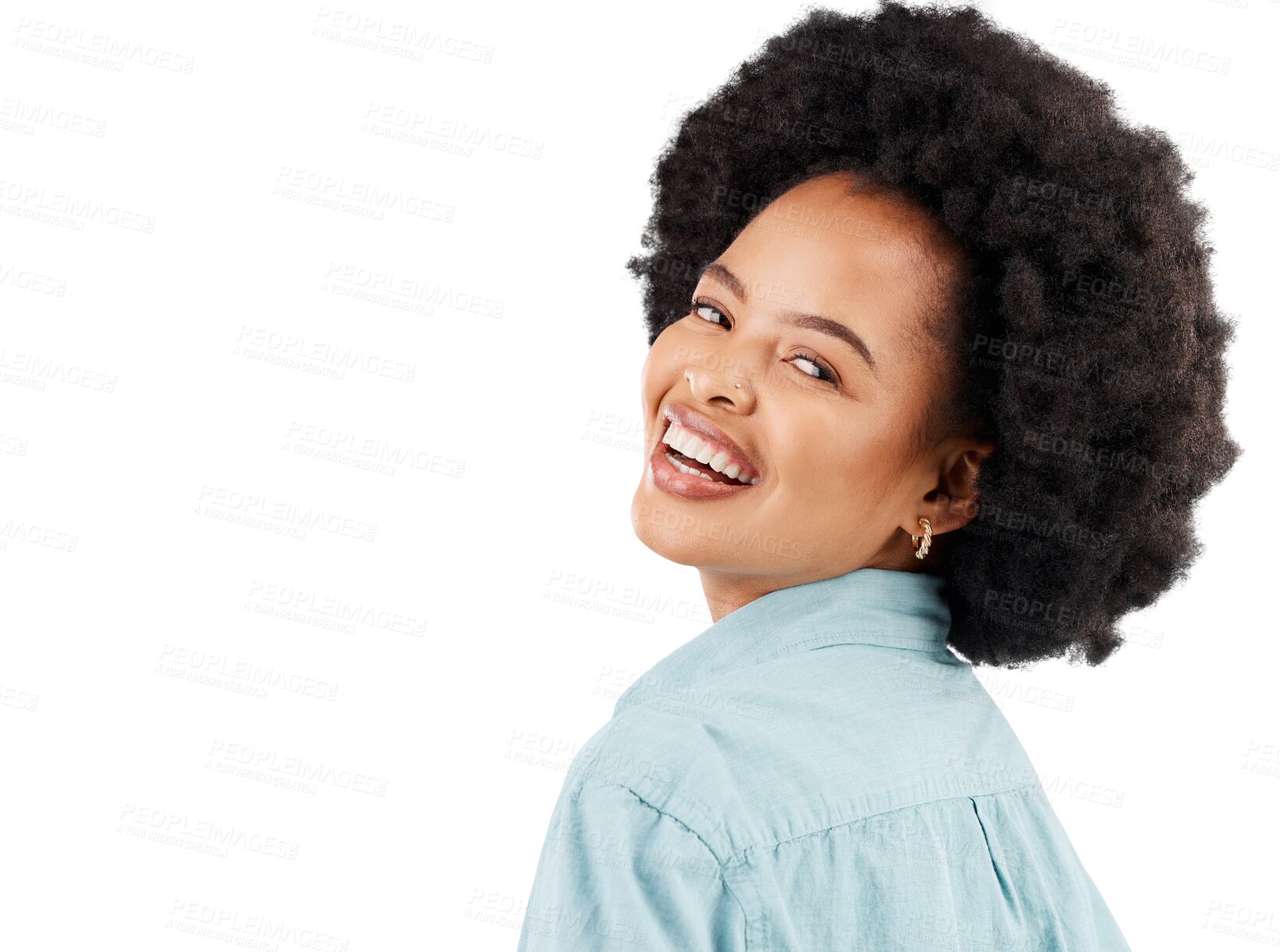 Buy stock photo Beauty, happy and portrait of natural black woman with smile on png, isolated and transparent background. Fashion, cosmetics and female person laugh with positive attitude, confidence and happiness