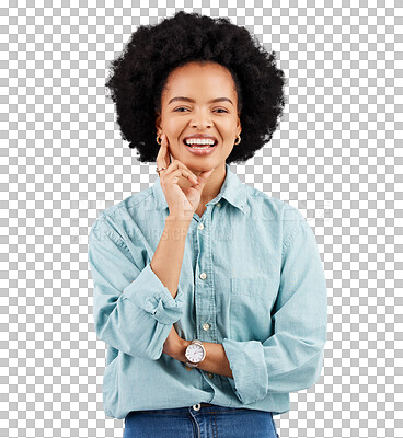 Buy stock photo Fashion, happy and portrait of confident black woman on png, isolated and transparent background. Trendy style, casual clothes and female person with positive attitude, confidence and happiness