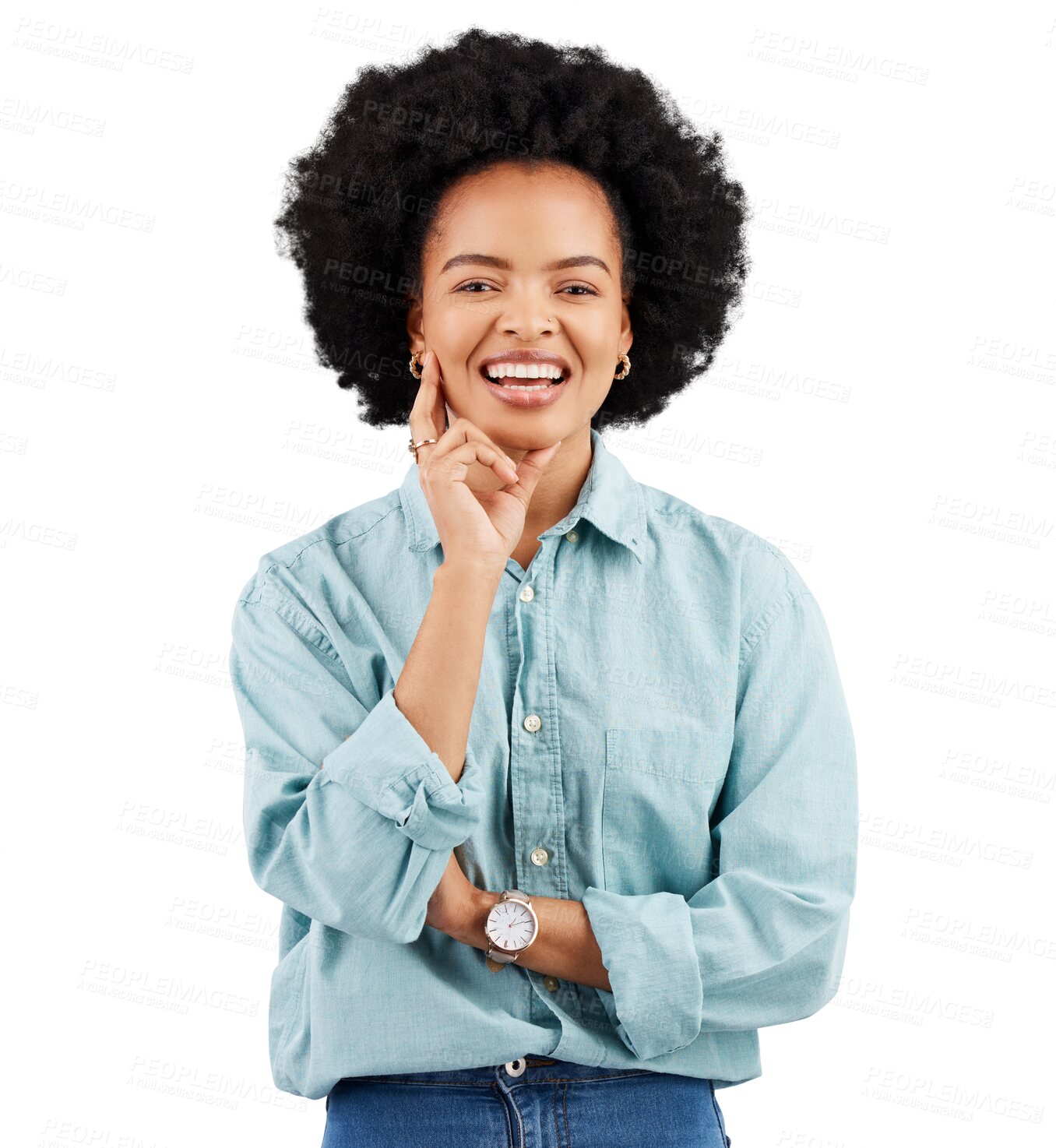 Buy stock photo Fashion, happy and portrait of confident black woman on png, isolated and transparent background. Trendy style, casual clothes and female person with positive attitude, confidence and happiness