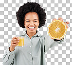 Portrait, orange and juice with a woman, happy in studio on a gray background for health or vitamin c. Face, drink and fruit with a young female drinking a fresh beverage in a glass for nutrition