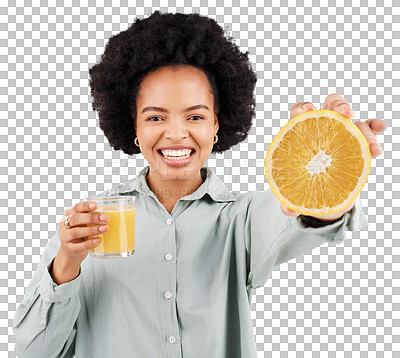 Buy stock photo Portrait, orange juice and woman with fruit with smile isolated on a transparent, png background. Food, wellness and fruits of African person with vitamin c, nutrition and healthy diet with citrus