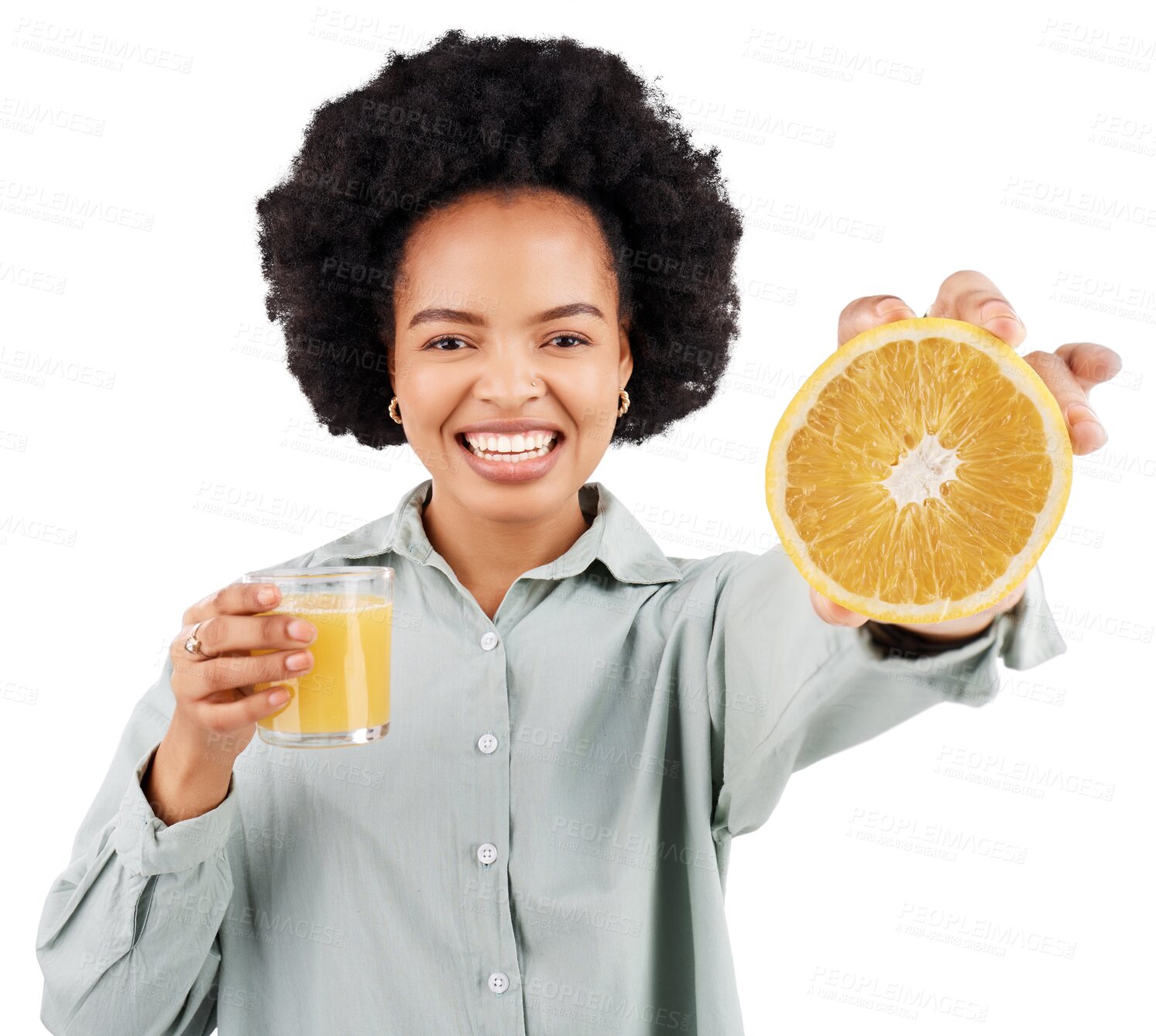 Buy stock photo Portrait, orange juice and woman with fruit with smile isolated on a transparent, png background. Food, wellness and fruits of African person with vitamin c, nutrition and healthy diet with citrus