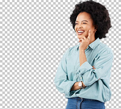 Buy stock photo Thinking, smile or happy woman planning ideas, strategy plan or brainstorming solution, inspiration or think of question. Decision, happiness or African person isolated on transparent, png background