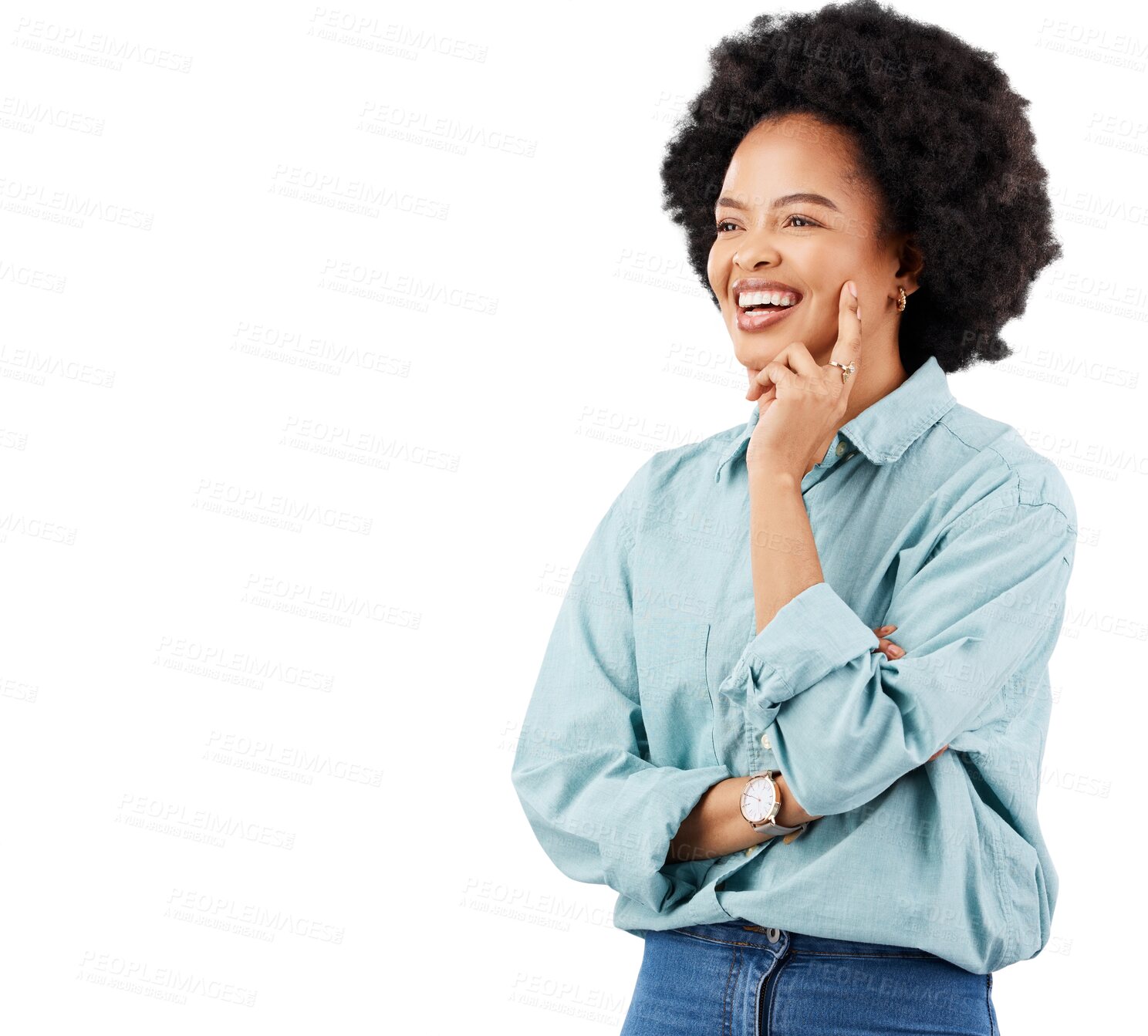 Buy stock photo Thinking, smile or happy woman planning ideas, strategy plan or brainstorming solution, inspiration or think of question. Decision, happiness or African person isolated on transparent, png background