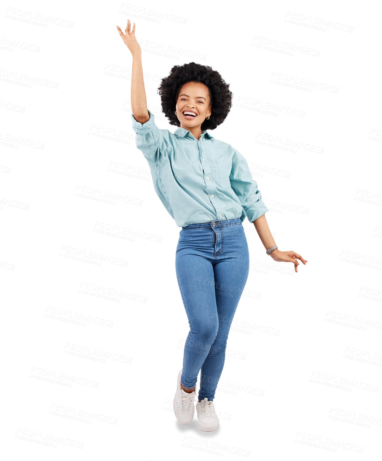 Buy stock photo Portrait, happy and black woman dance in celebration of good news on isolated, transparent and png background. Dancing, smile and African female winner celebrating success, deal or sale and discount