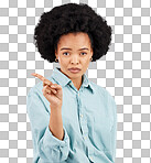 Point, serious and portrait of black woman in studio with hand gesture for news, information and announcement. Mockup space, white background and isolated girl pointing for advertising, promo or sign