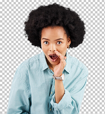 Buy stock photo Hands, secret and portrait of black woman with whisper gossip on isolated, transparent and png background. wow, face and African female person with whispering emoji for sale, private or announcement