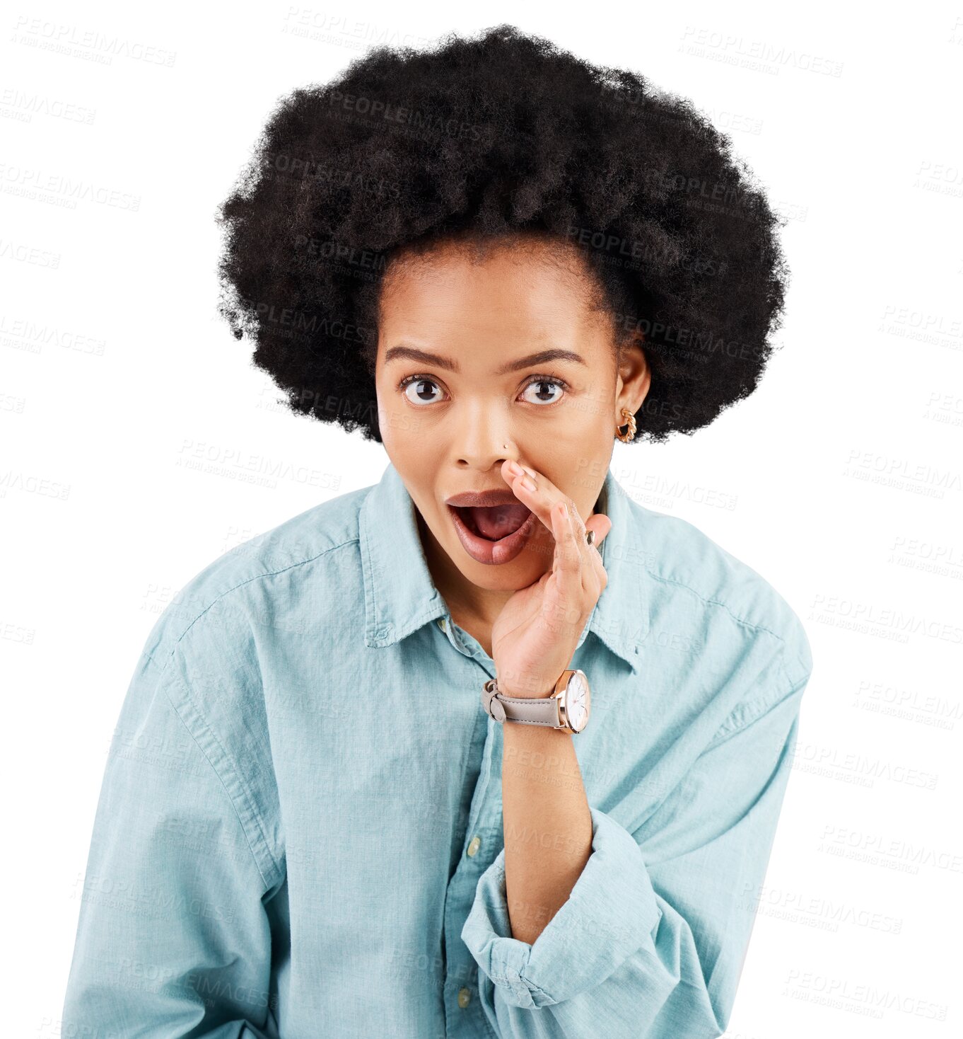 Buy stock photo Hands, secret and portrait of black woman with whisper gossip on isolated, transparent and png background. wow, face and African female person with whispering emoji for sale, private or announcement